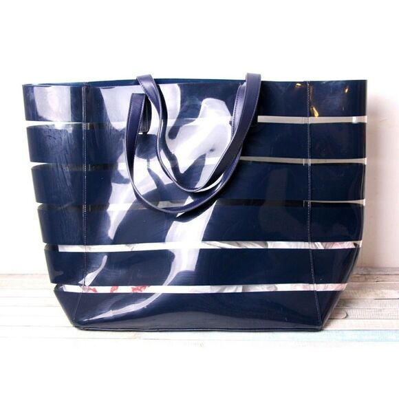 Tommy Bahama CLEAR BLUE PLASTIC LEATHER HANDLES BOTTOM TOTE SHOULDER BAG HANDBAG - Picture 1 of 10